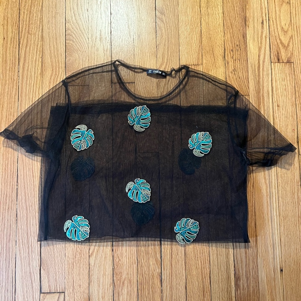 One of a kind!! Like new—Sheer Mesh Cover-Up w/ Monstera leaf patches Size S - Picture 2 of 3